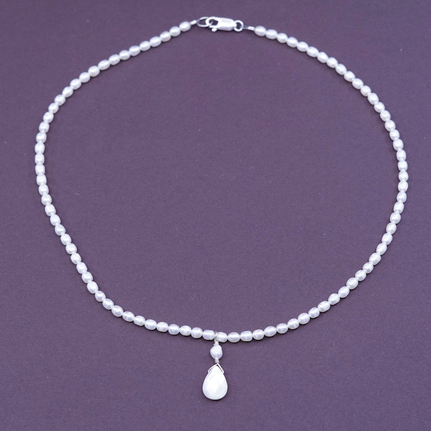 17”, vtg Sterling 925 silver handmade necklace, teardrop MOP pendant w/ pearl