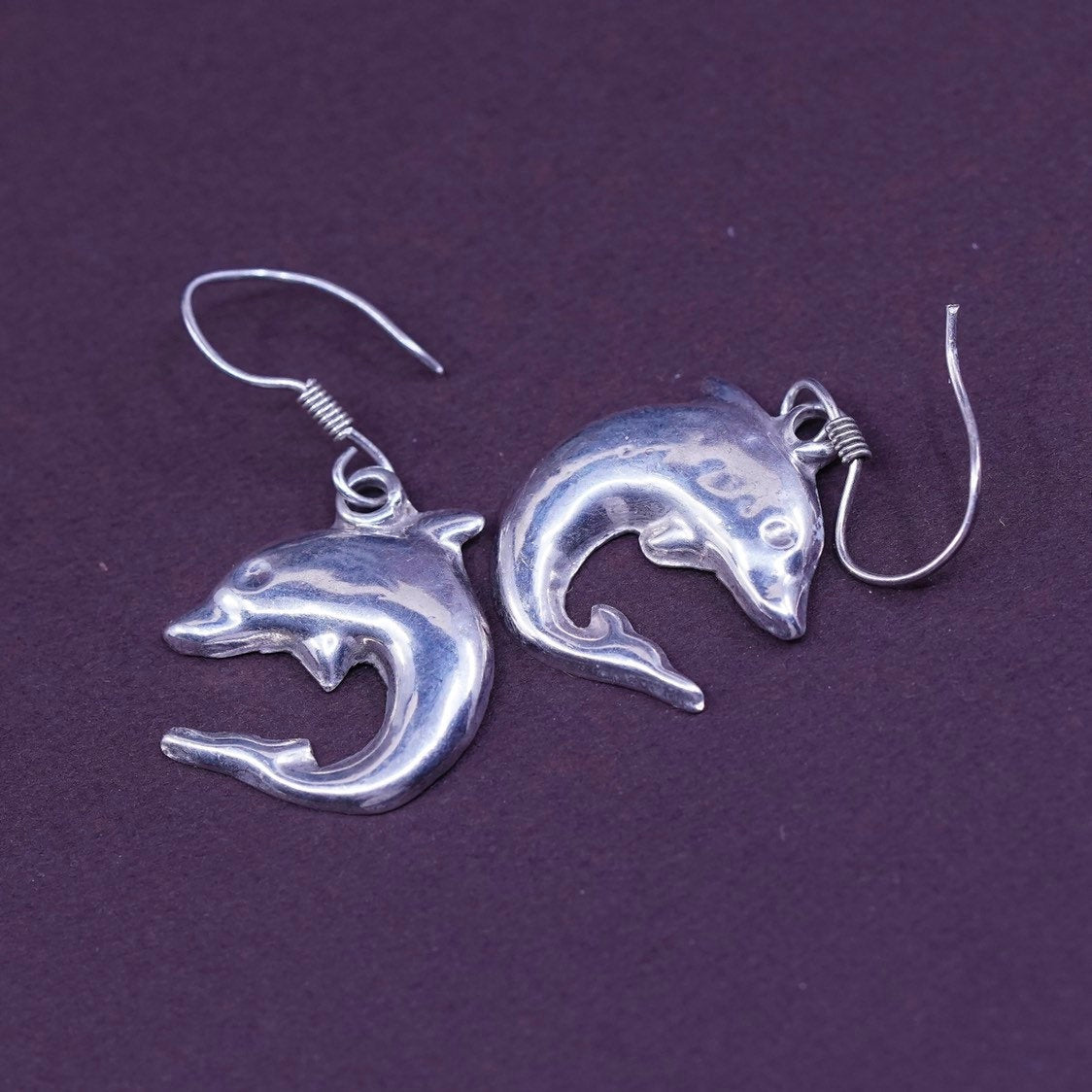 vtg Sterling silver handmade earrings, 925 dolphin dangle