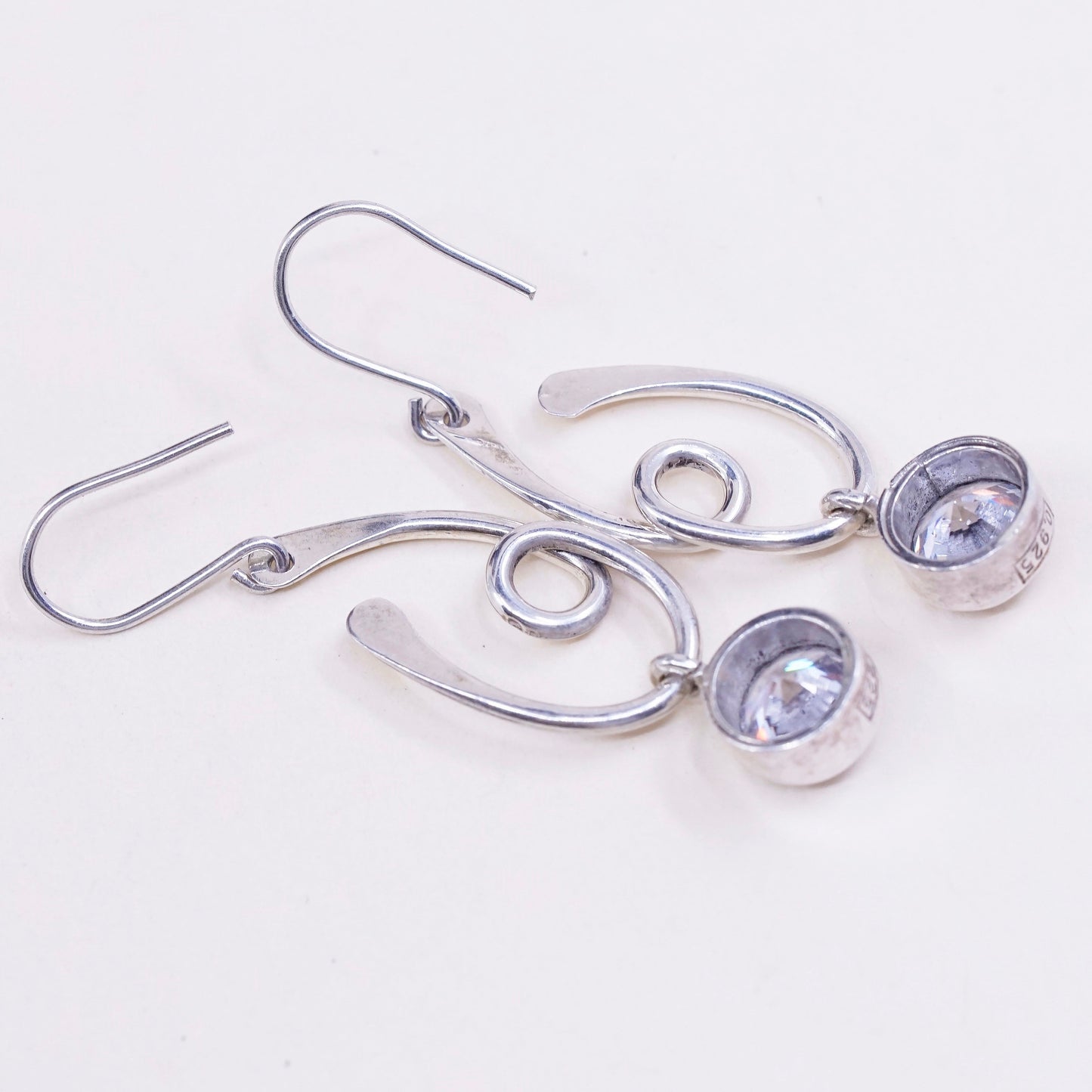 Vintage sterling silver handmade earrings, 925 swirl with round CZ