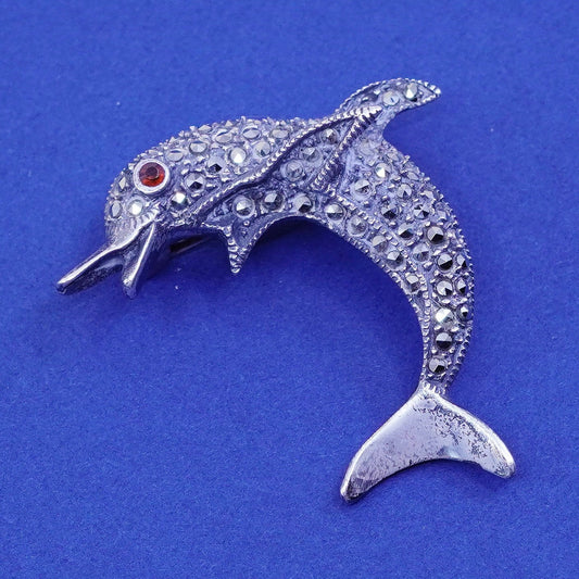 Vintage Sterling silver handmade brooch, 925 dolphin pin w/ marcasite and ruby