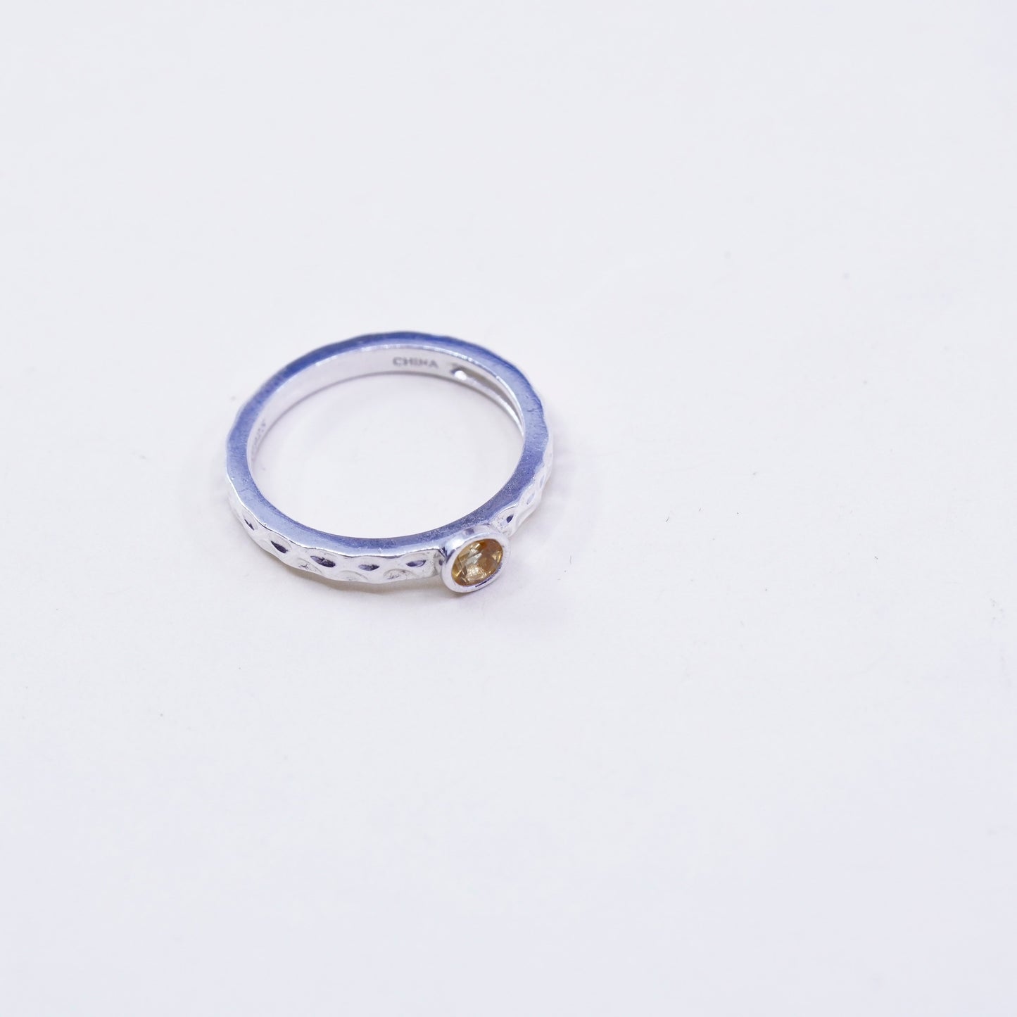 Size 7.25, vtg Sterling silver handmade ring, hammered stackable 925 w/ citrine