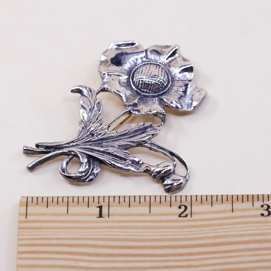 Vintage sterling silver handmade brooch, solid 925 silver flower pin