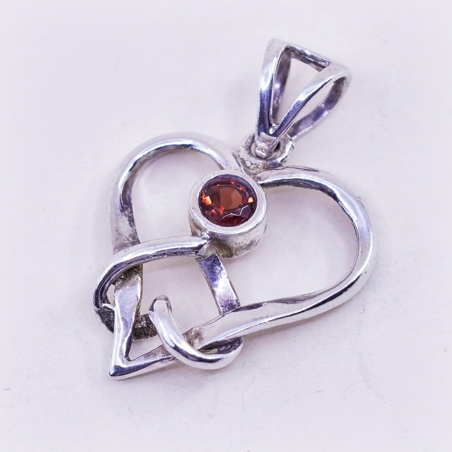 Vintage LUC sterling silver pendant, 925 silver heart pendant with ruby