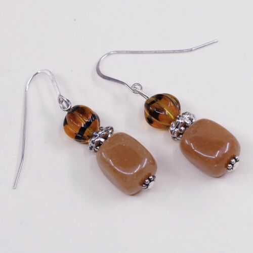 Vtg Sterling Silver handmade Earrings, 925 Silver W/ Orange Agate N Amber