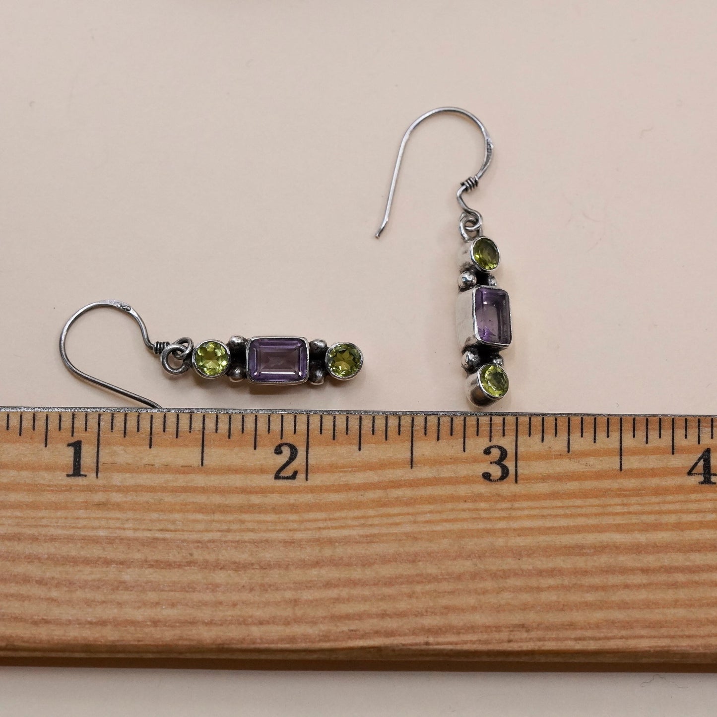 Vintage sterling 925 silver handmade earrings with amethyst peridot