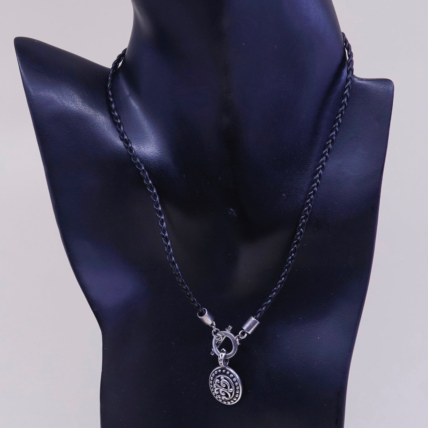 16”, sterling silver necklace, 925 pendant w/ black woven leather chain