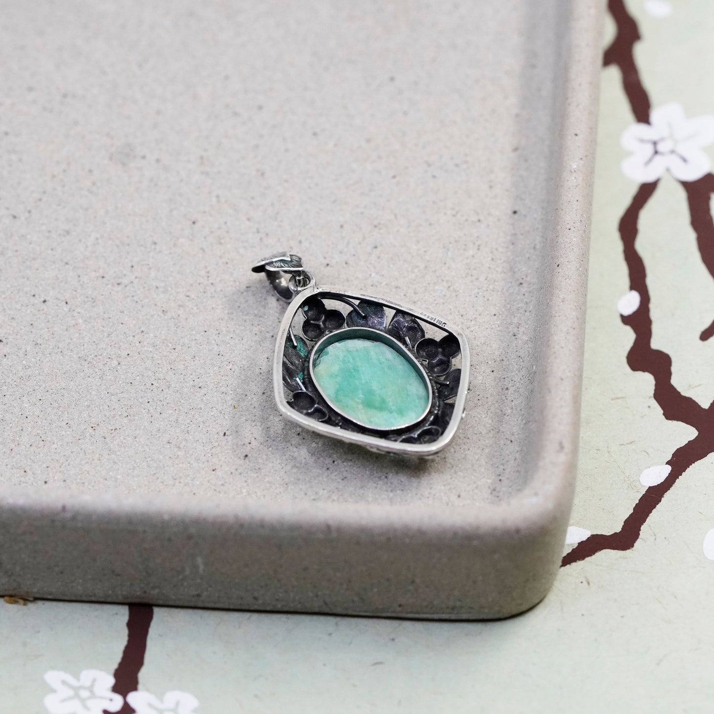 Vintage Sterling 925 silver handmade pendant with turquoise and leaves