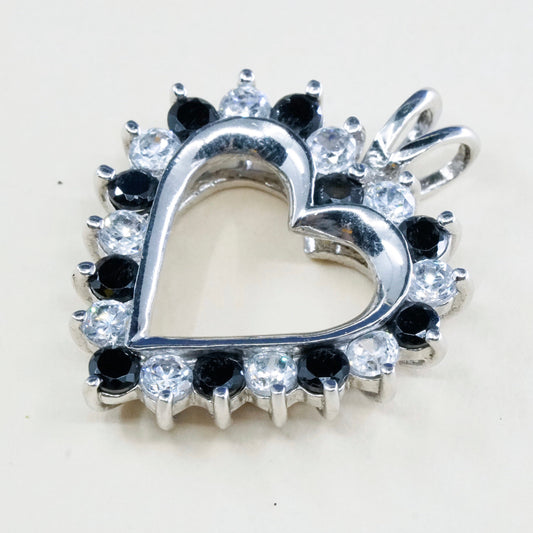 vtg sterling 925 silver heart pendant with black and clear simulated Diamond
