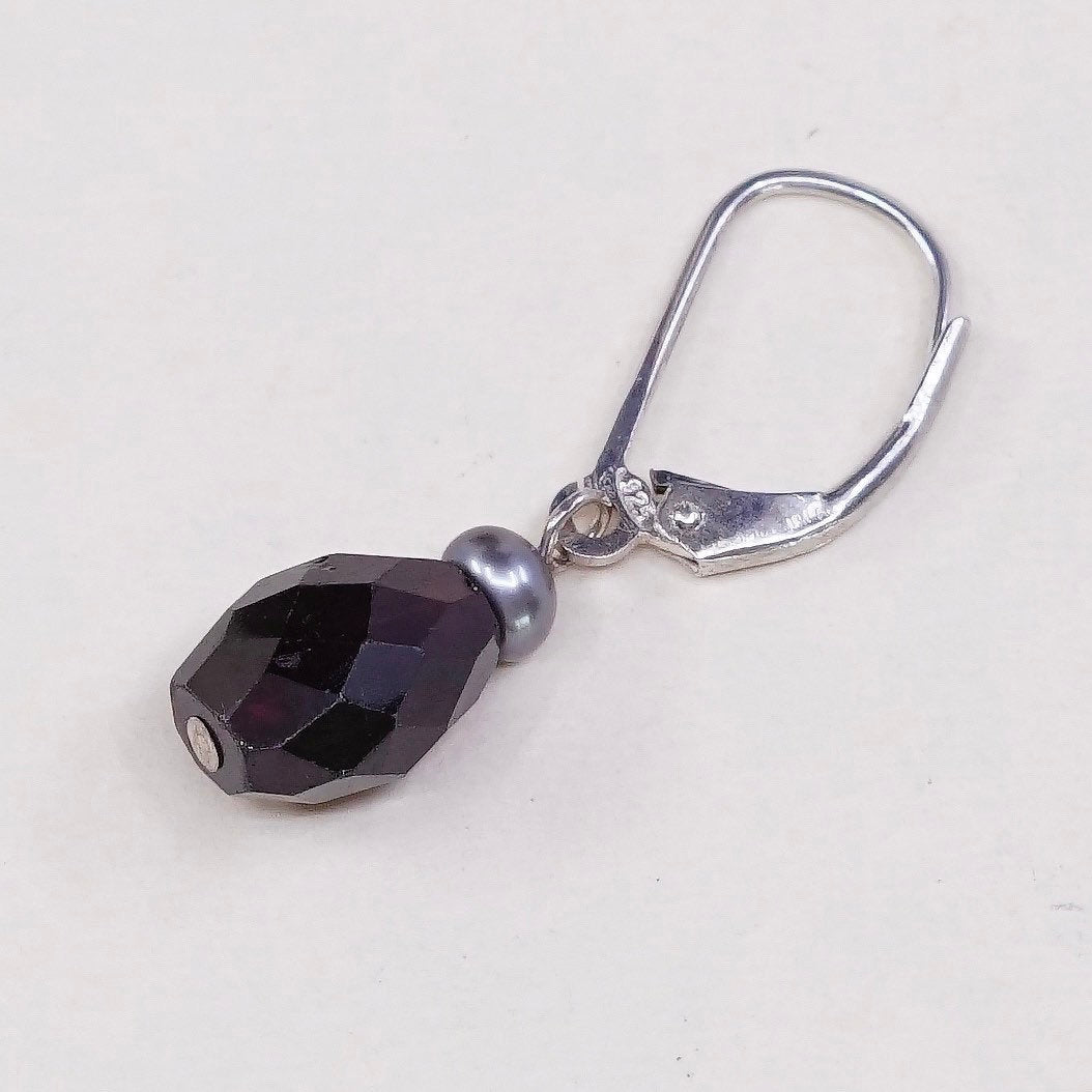 vtg Sterling silver handmade earrings, 925 beads w/ checker cut garnet beads