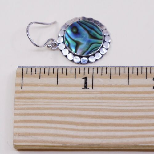 Vtg Sterling Silver Handmade Earrings, 925 Round abalone W/ Beads, Stamped 925