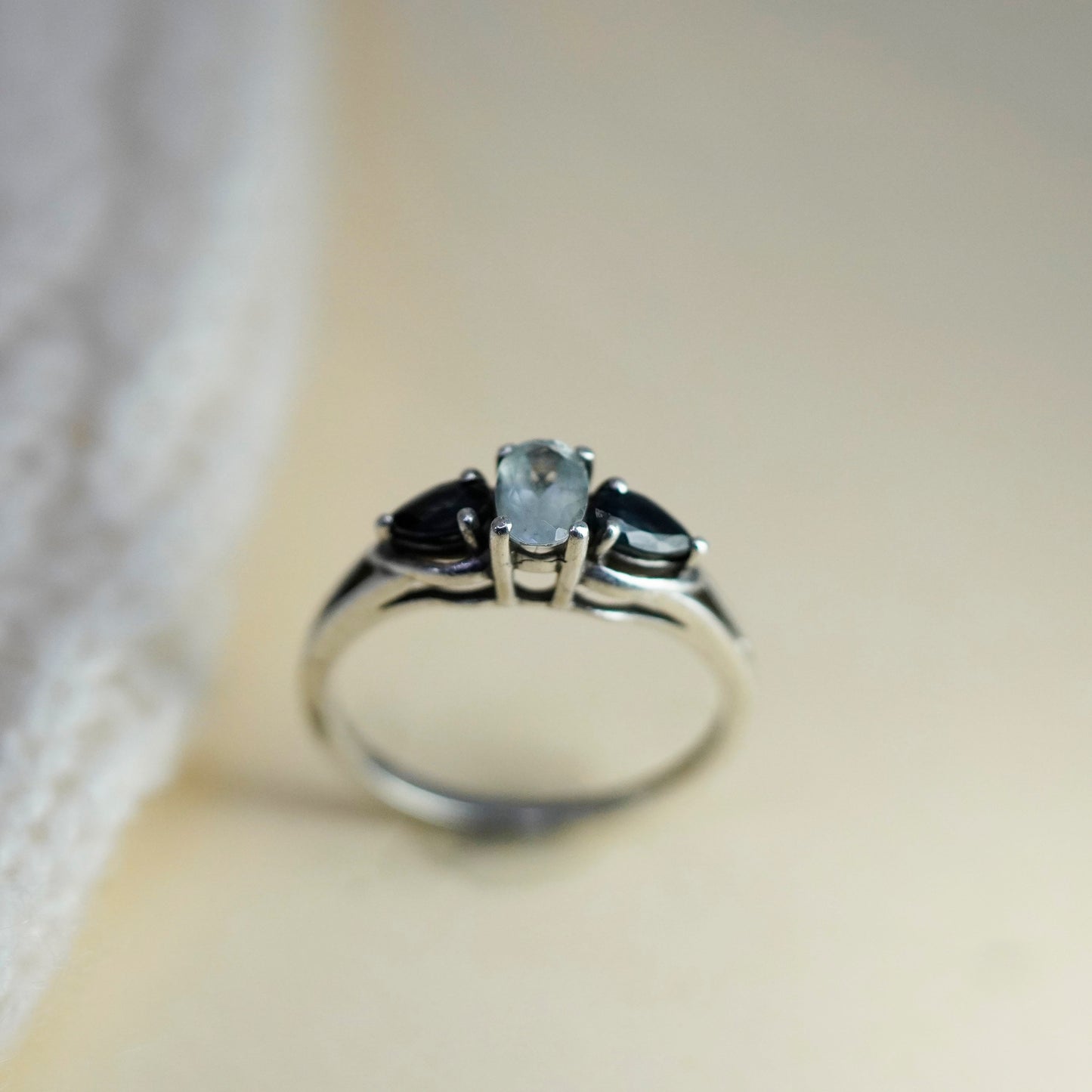 Size 6.75, vintage Sterling 925 silver engagement ring with crystal sapphire