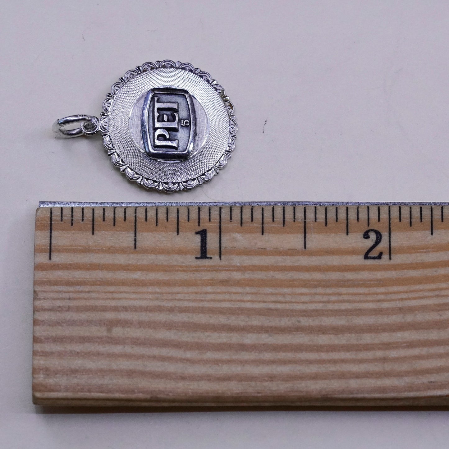 Vintage sterling silver handmade pendant, 925 tag charm with initial “PET”