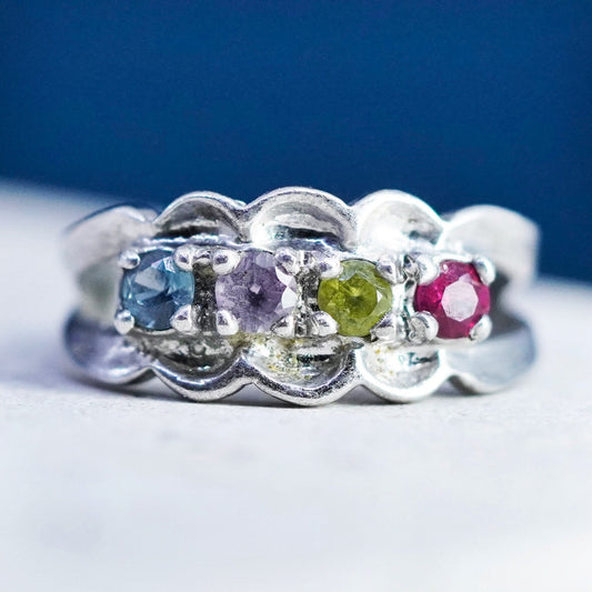 Size 5.5, Sterling silver ring, 925 cocktail ring peridot, ruby topaz amethyst