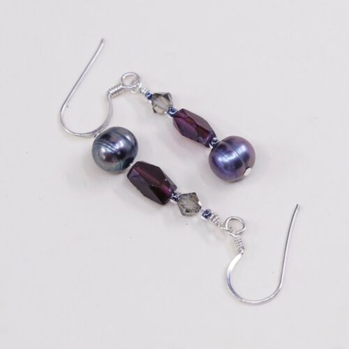 Vtg STERLING SILVER earrings with pearl N Ruby dangles stamped 925