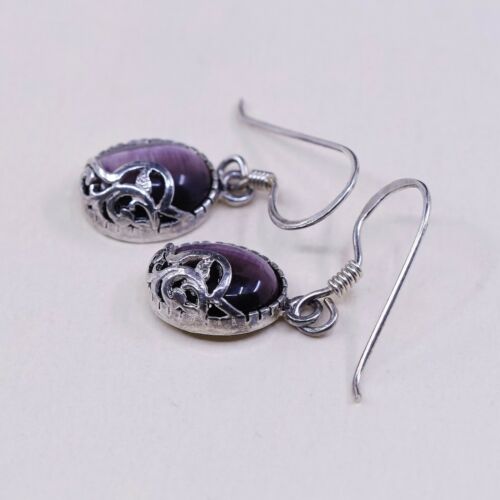 Vtg Sterling Silver Handmade Earrings, 925 Silver W/ Purple Tiger Eye