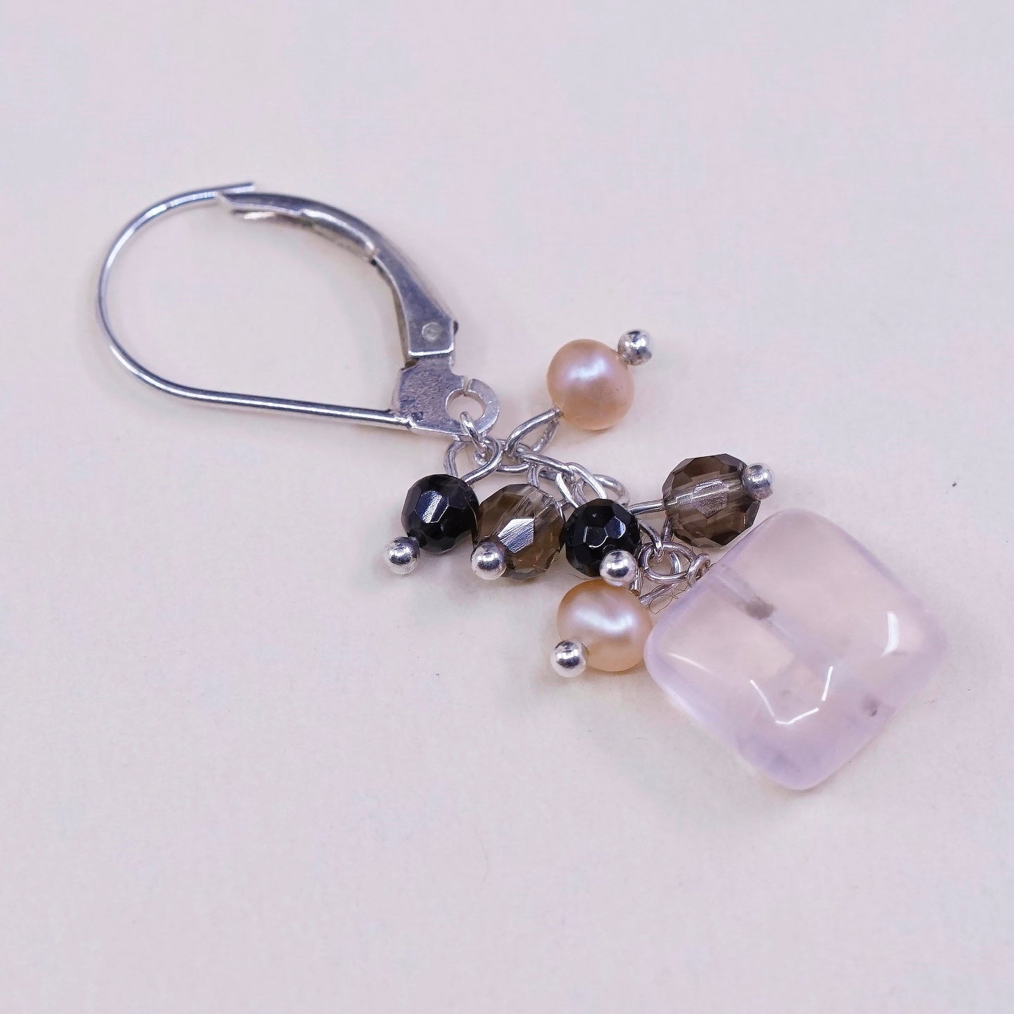 vtg Sterling silver handmade earrings, 925 with cluster pearl and pink quartz