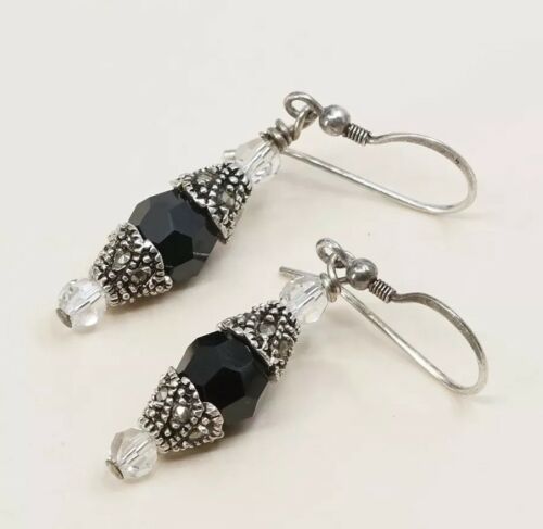 Vtg Sterling Silver Handmade Earrings, 925 Silver Dangles W Garnet Beads