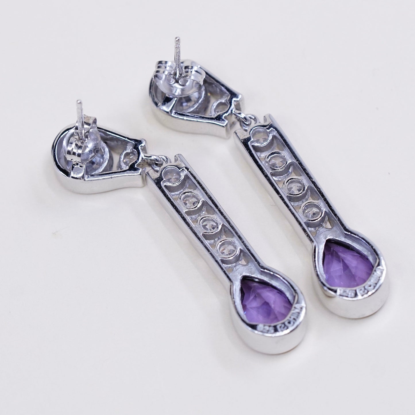 Vintage modern sterling silver handmade earrings, 925 w/ teardrop amethyst N Cz