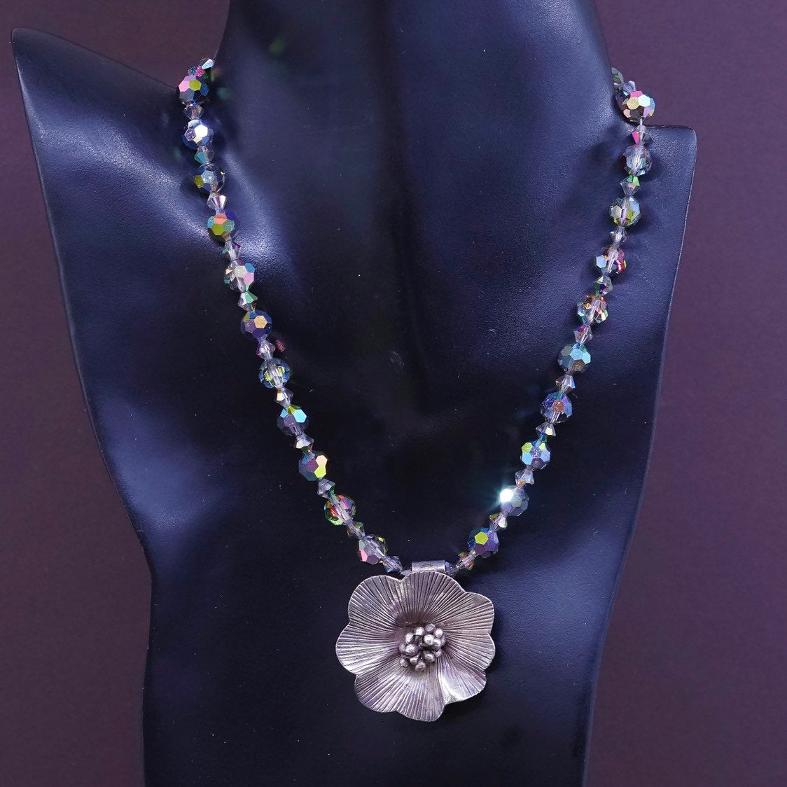 14+4", Sterling silver handmade necklace, crystal beads w/ 925 flower Pendant