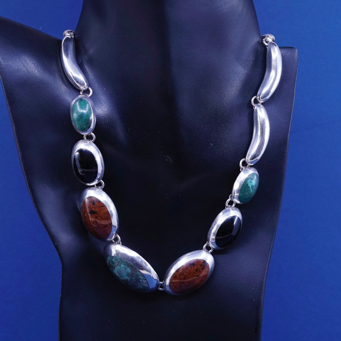 18”, vtg mexico sterling 925 silver handmade necklace w/ turquoise, onyx jasper