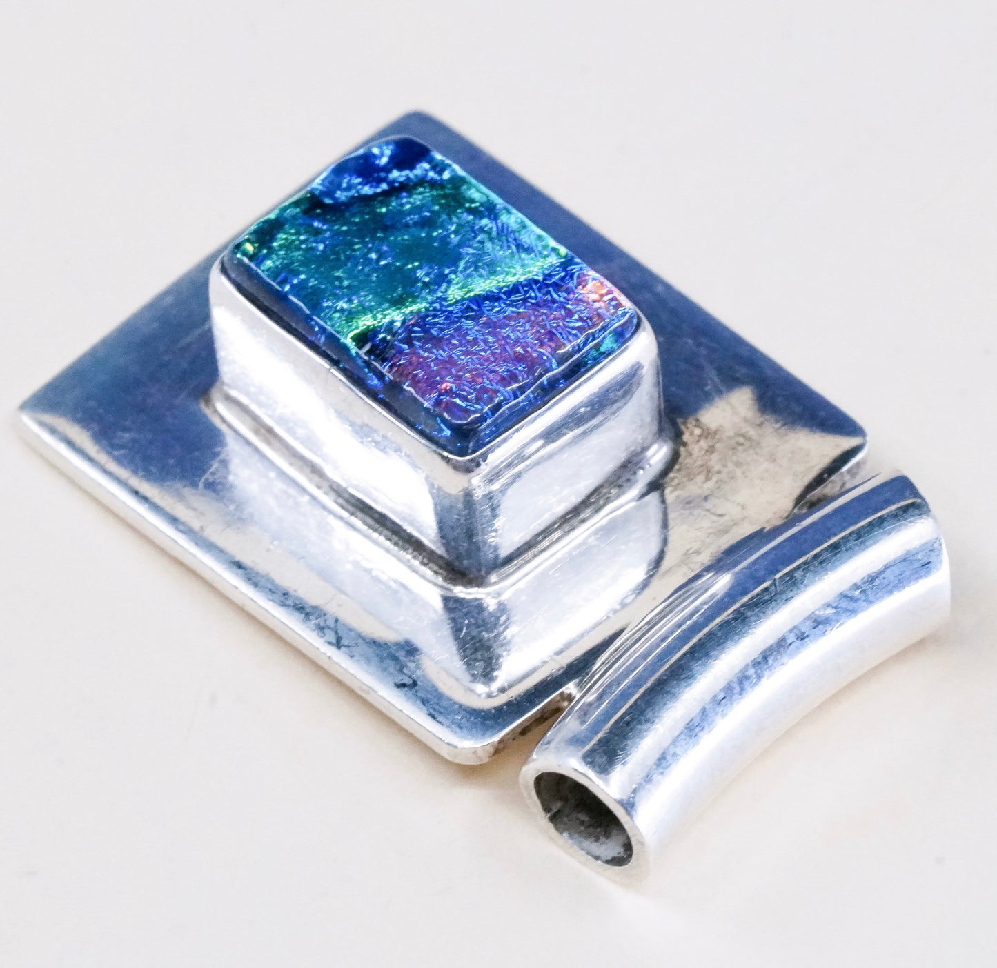 vtg sterling silver with handmade square shaped dichroic glass pendant