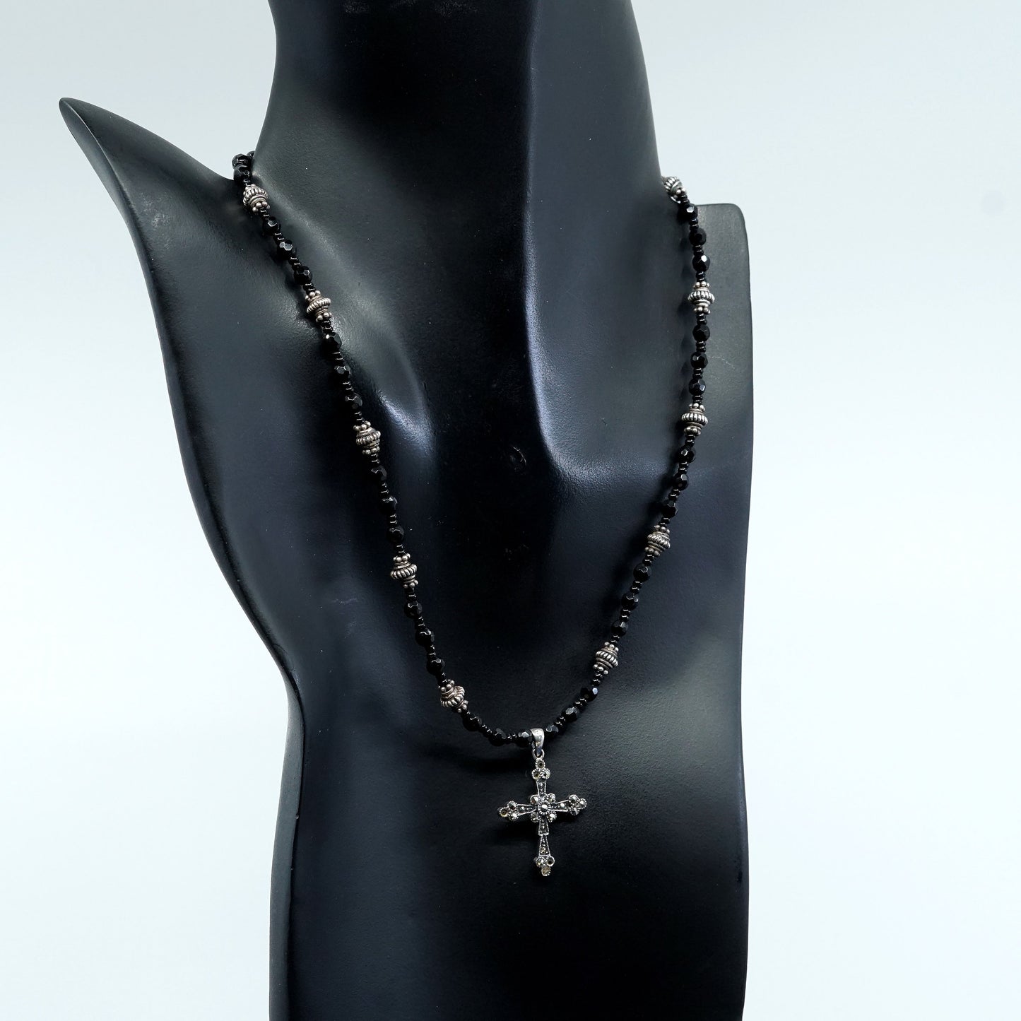 16", Sterling silver necklace, obsidian chain w/ 925 cross pendant N marcasite