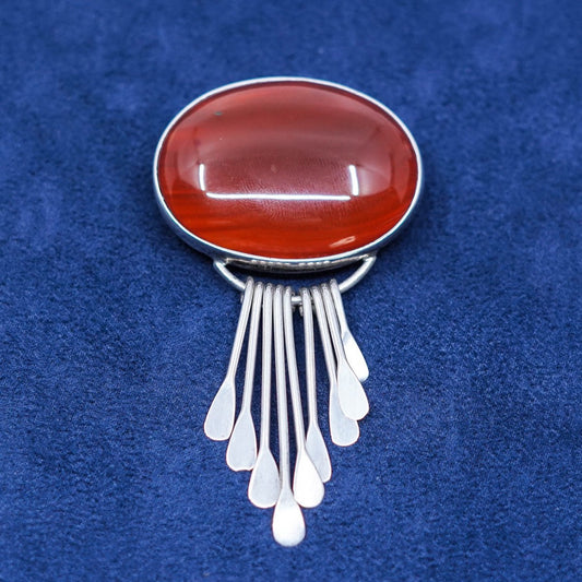 Sterling 925 silver Carnelian Brooch AIS Mexico Dangles Statement Pendant Pin