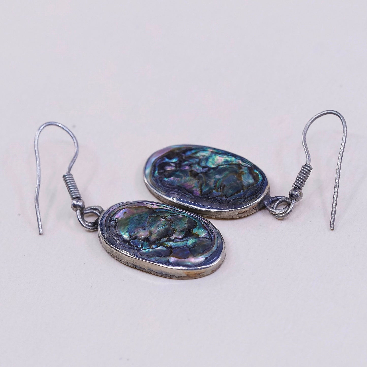 vtg sterling silver handmade oval earrings, Mexico 925 with abalone