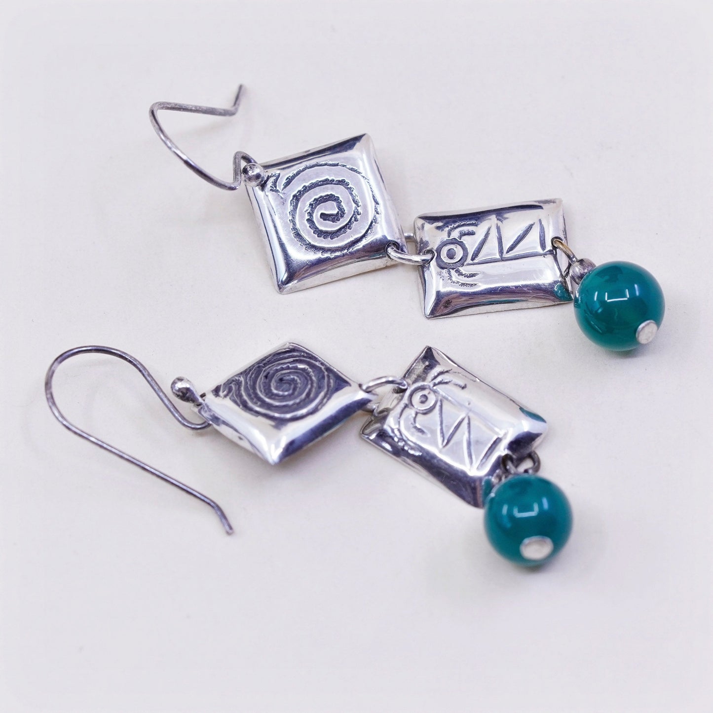 Vintage Sterling silver handmade earrings, 925 whirl disc dangles N jade beads