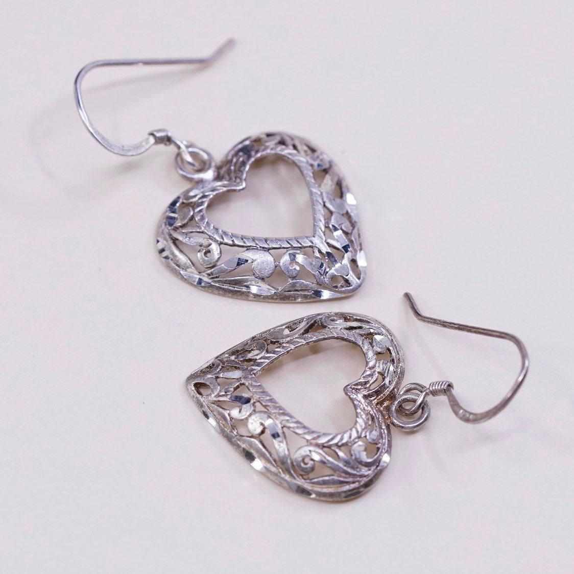 vtg sterling silver handmade earrings, solid 925 silver heart with filigree