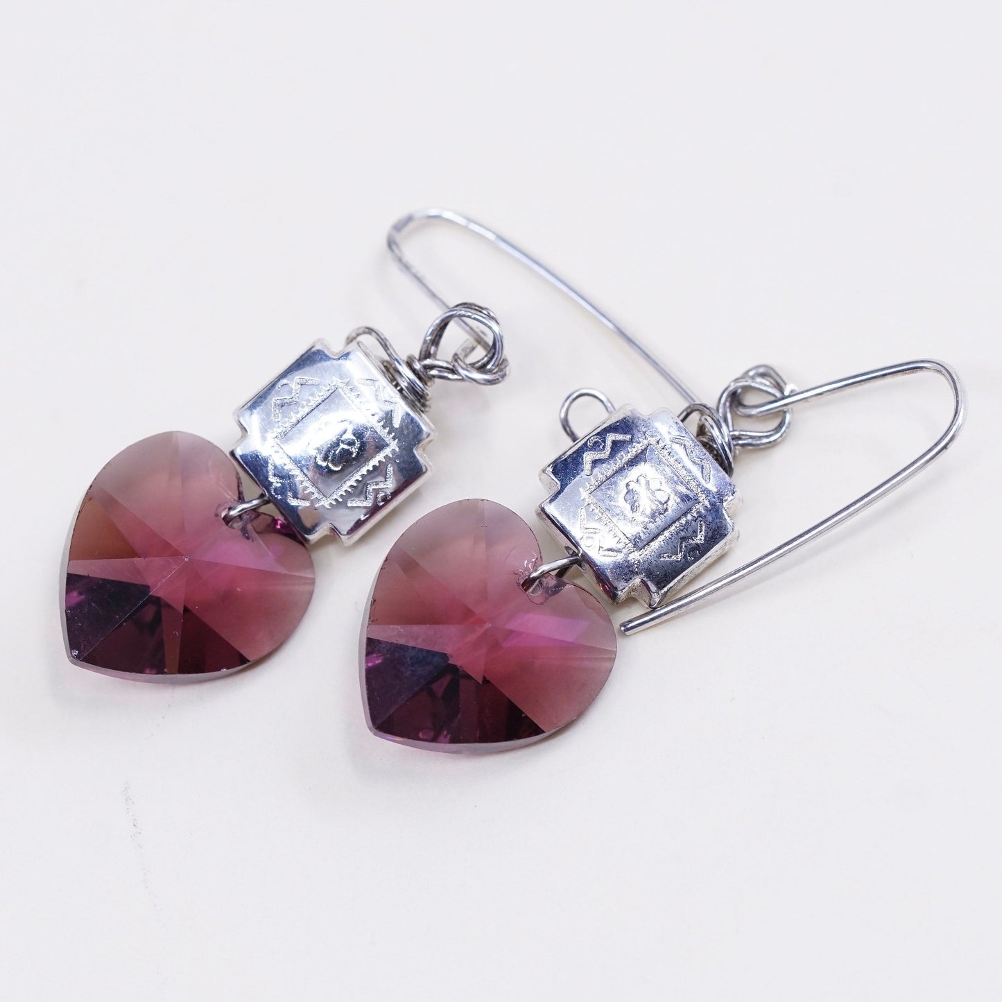 Vintage Sterling 925 silver handmade earrings with heart pink crystal