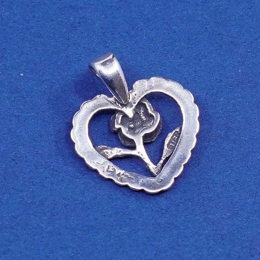 vtg Sterling silver handmade pendant, 925 heart w/ flower