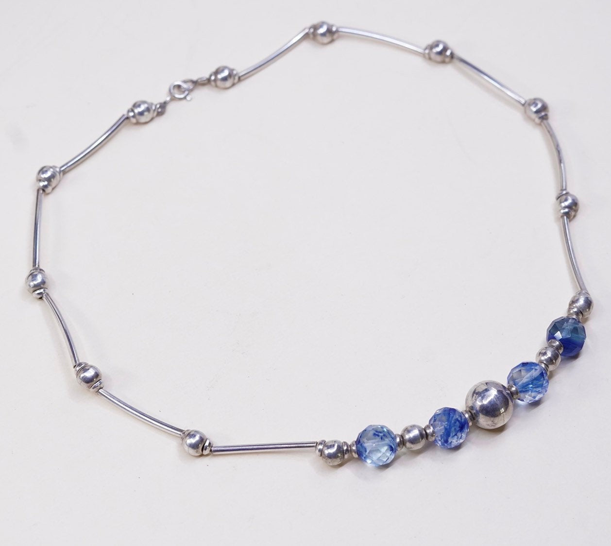 20", vtg Sterling silver handmade necklace, 925 bar, heads w/ blue crystal