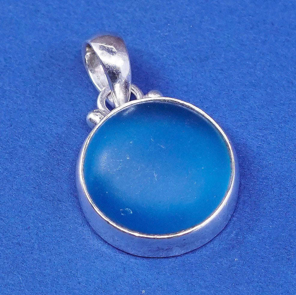 vtg sterling silver handmade pendant, 925 w/ blue Matt glass