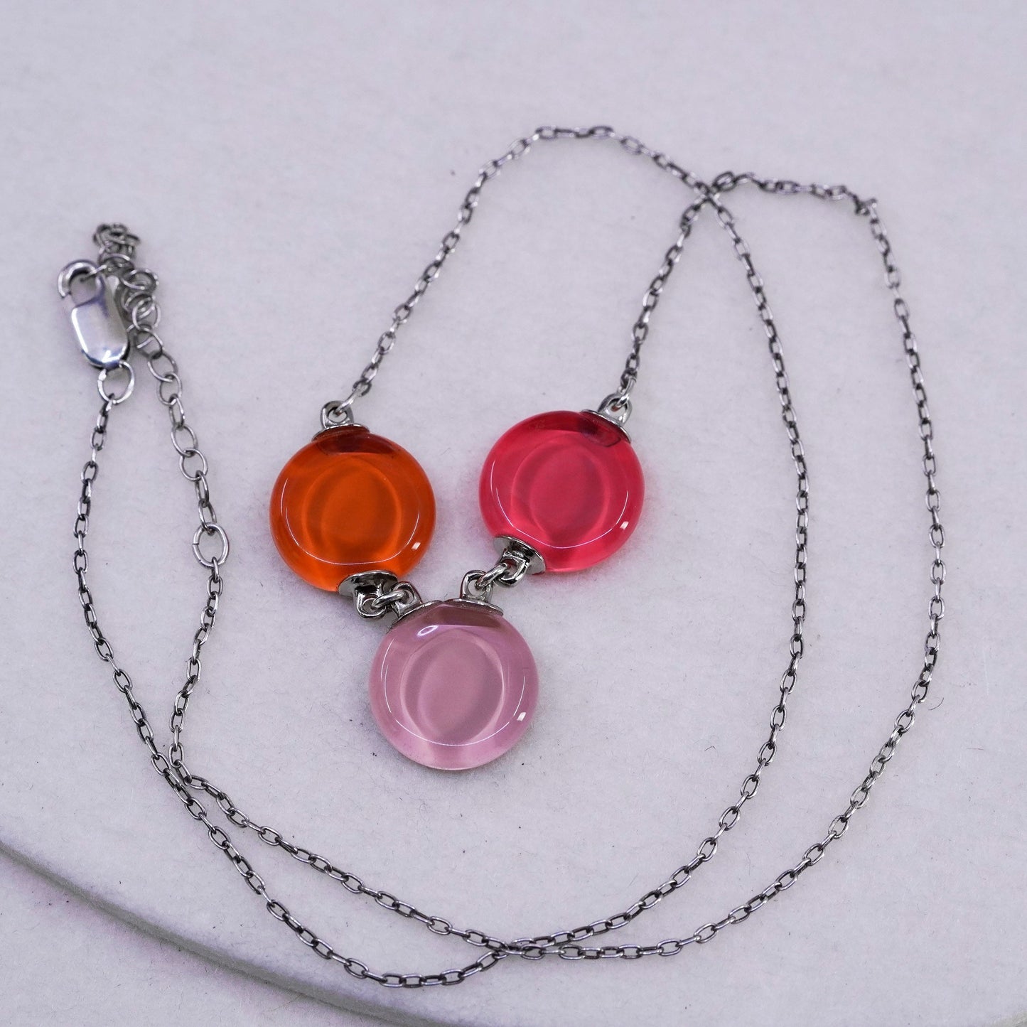 18+2”, Sterling 925 silver circle chain necklace with pinkish glass pendant