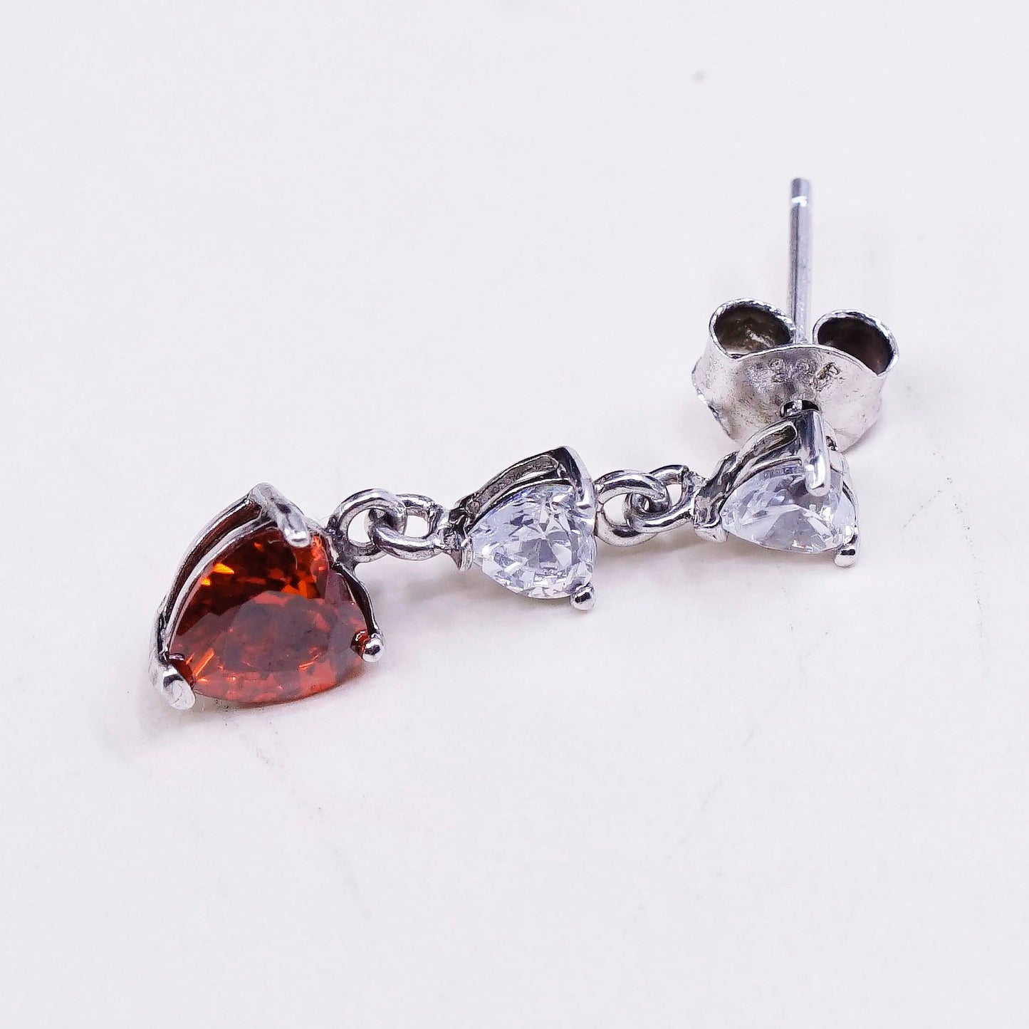 Vintage sterling silver handmade earrings, 925 with heart ruby and Cz