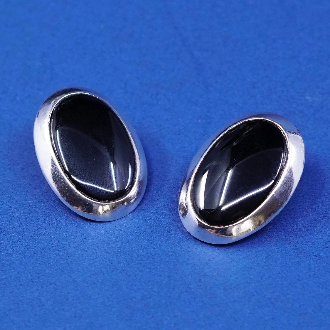 VTG sterling silver handmade earrings, 925 wiw/th oval obsidian