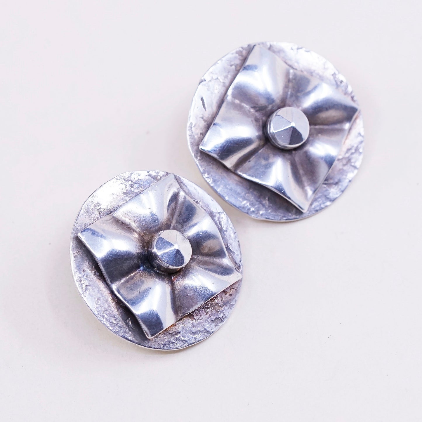 vtg Sterling silver handmade clip on earrings, 925 circle with flower