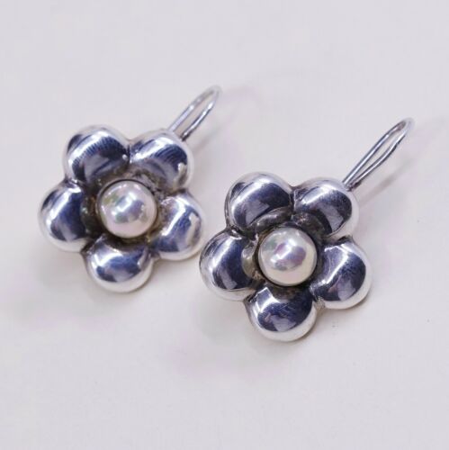 Vtg Sterling Silver Handmade Earrings W/ Flower N Pearl, Stamped 925 Italy