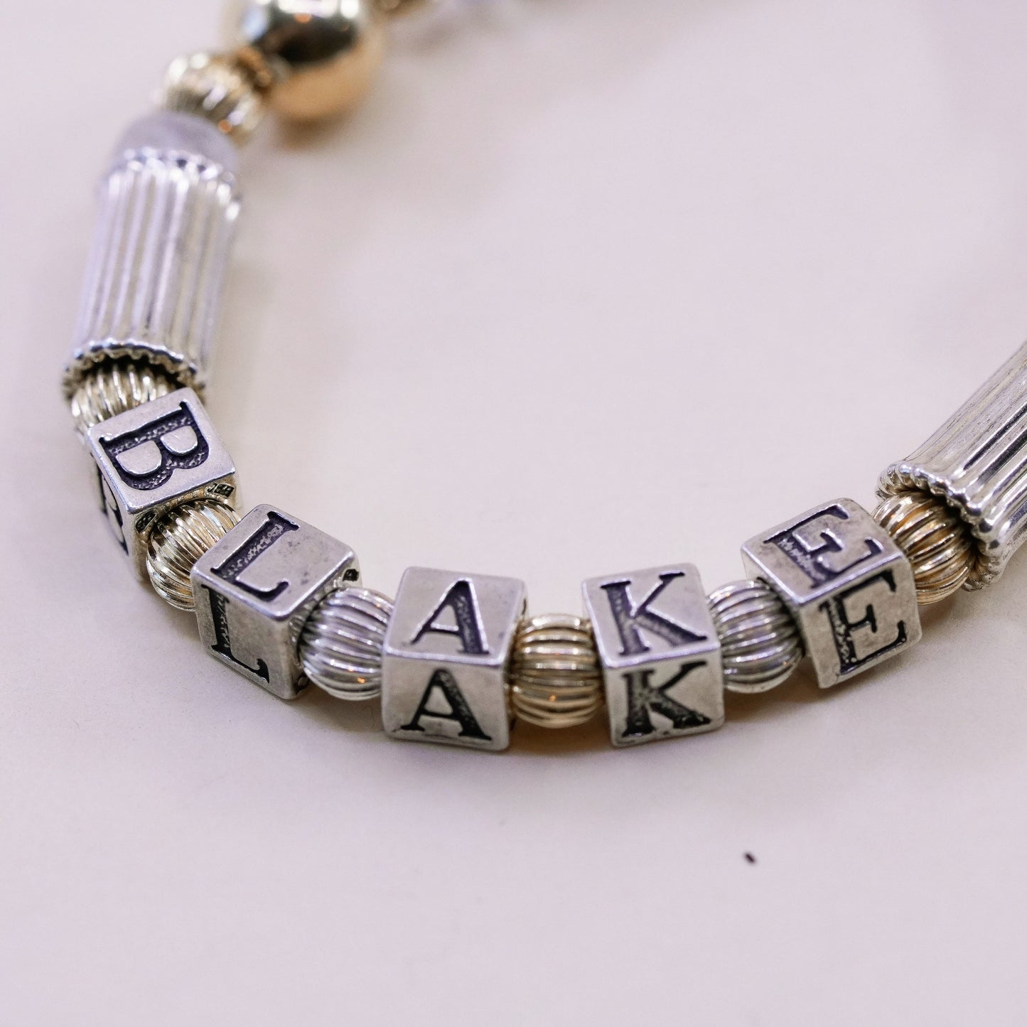 6.25”, 14K gold beads with Sterling 925 Silver bracelet name “Kayla Blake Casdy