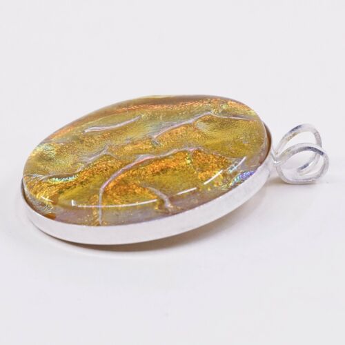 Vtg Sterling Silver Handmade Pendant, Mexico 925 With Vivic Orange Foiled Glass