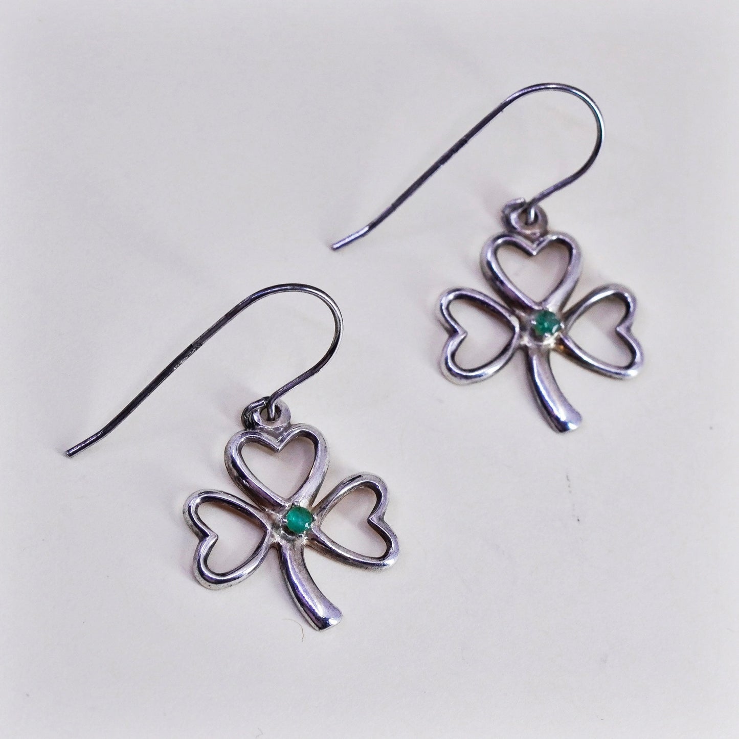 Vintage sterling silver handmade earrings, 925 clover dangle with green jade