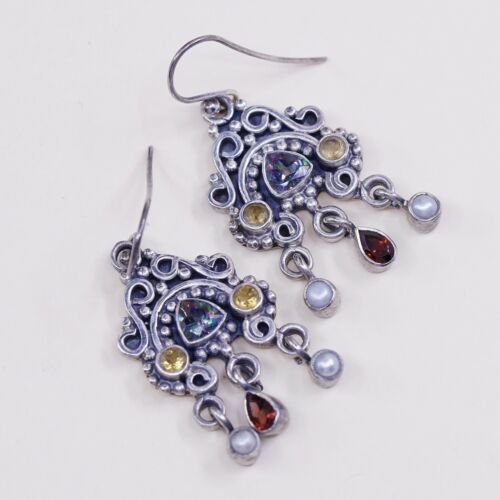 Vtg Sterling Silver Handmade Earrings 925 Filigree W/ Rainbow Topaz Citrine Ruby