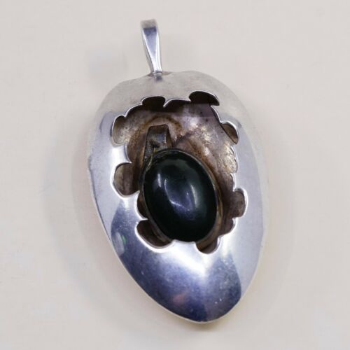 Vtg Sterling Silver Handmade Pendant solid 925 silver w/ Obsidian, stamped 925