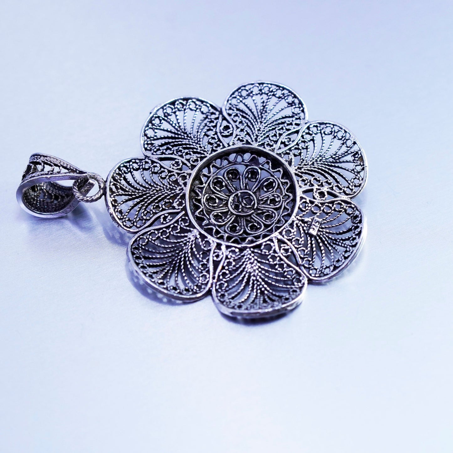 antique sterling 925 silver filigree flower pendant charm