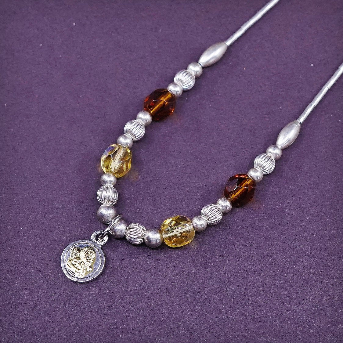 16”, Sterling silver necklace, 925 liquid chain w/ amber beads N angle pendant