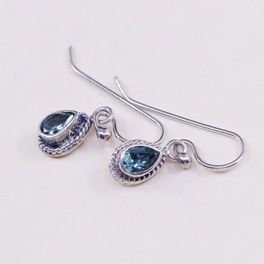 vtg sterling silver handmade earrings, 925 w/ teardrop blue topaz drops