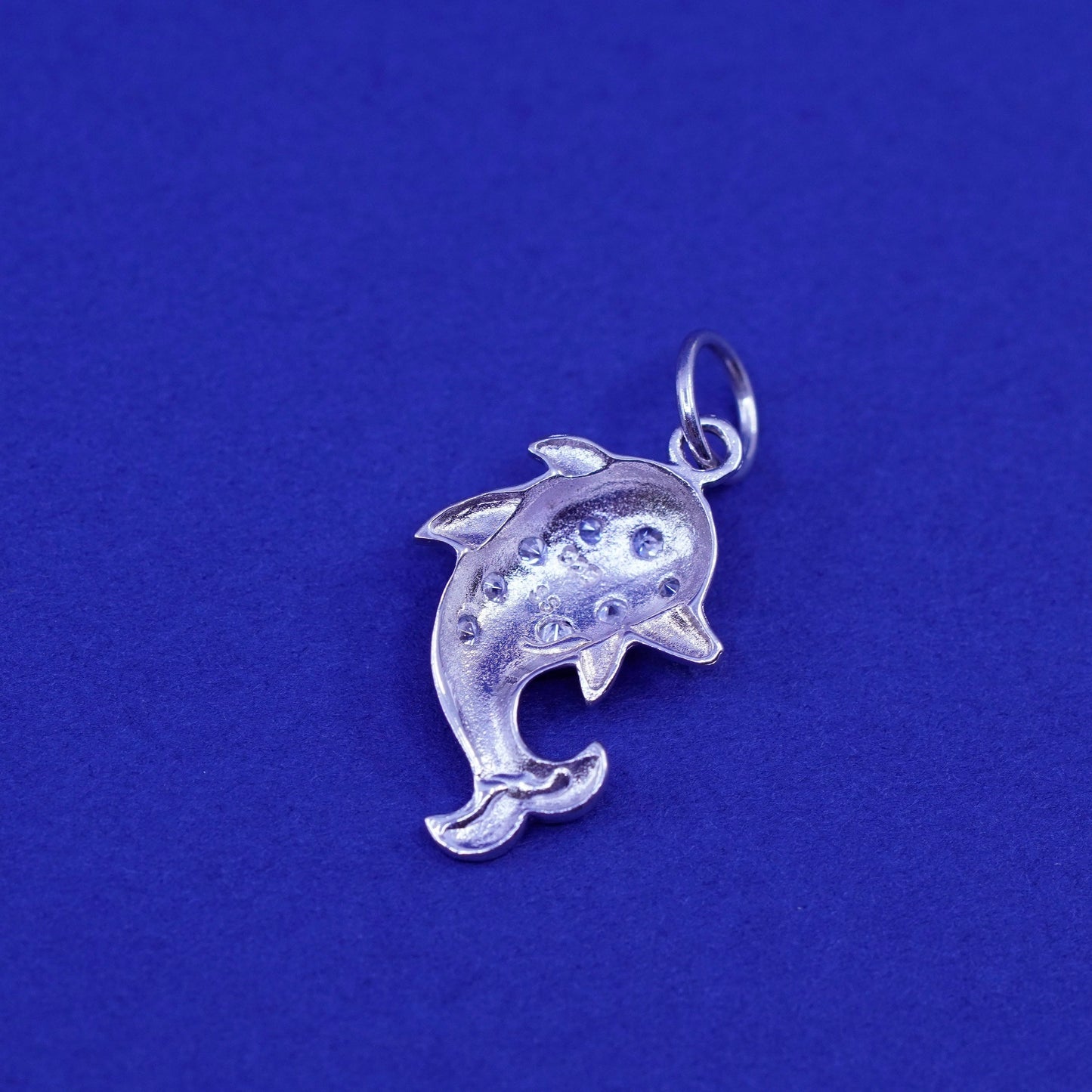 Vintage Sterling silver handmade pendant, 925 dolphin charm with cluster cz