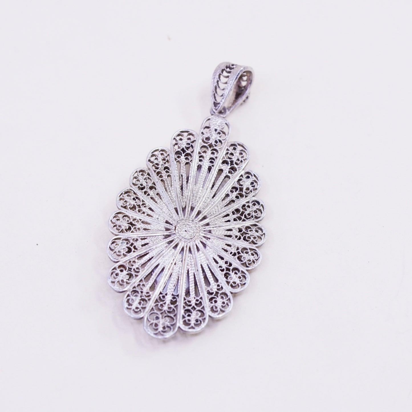 Vintage Sterling 925 silver handmade filigree pendant with marquise moonstone