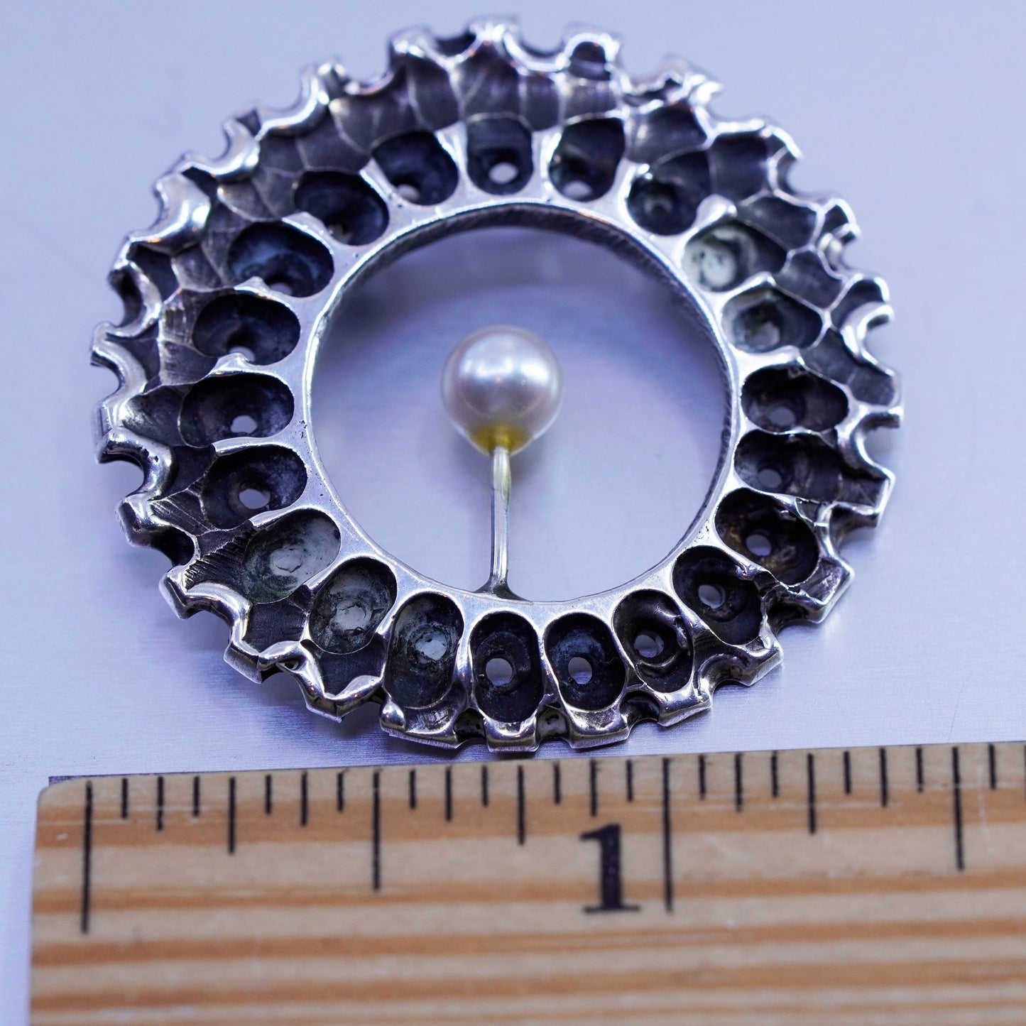 Vintage sterling silver handmade brooch, modern 925 circle pin and pearl